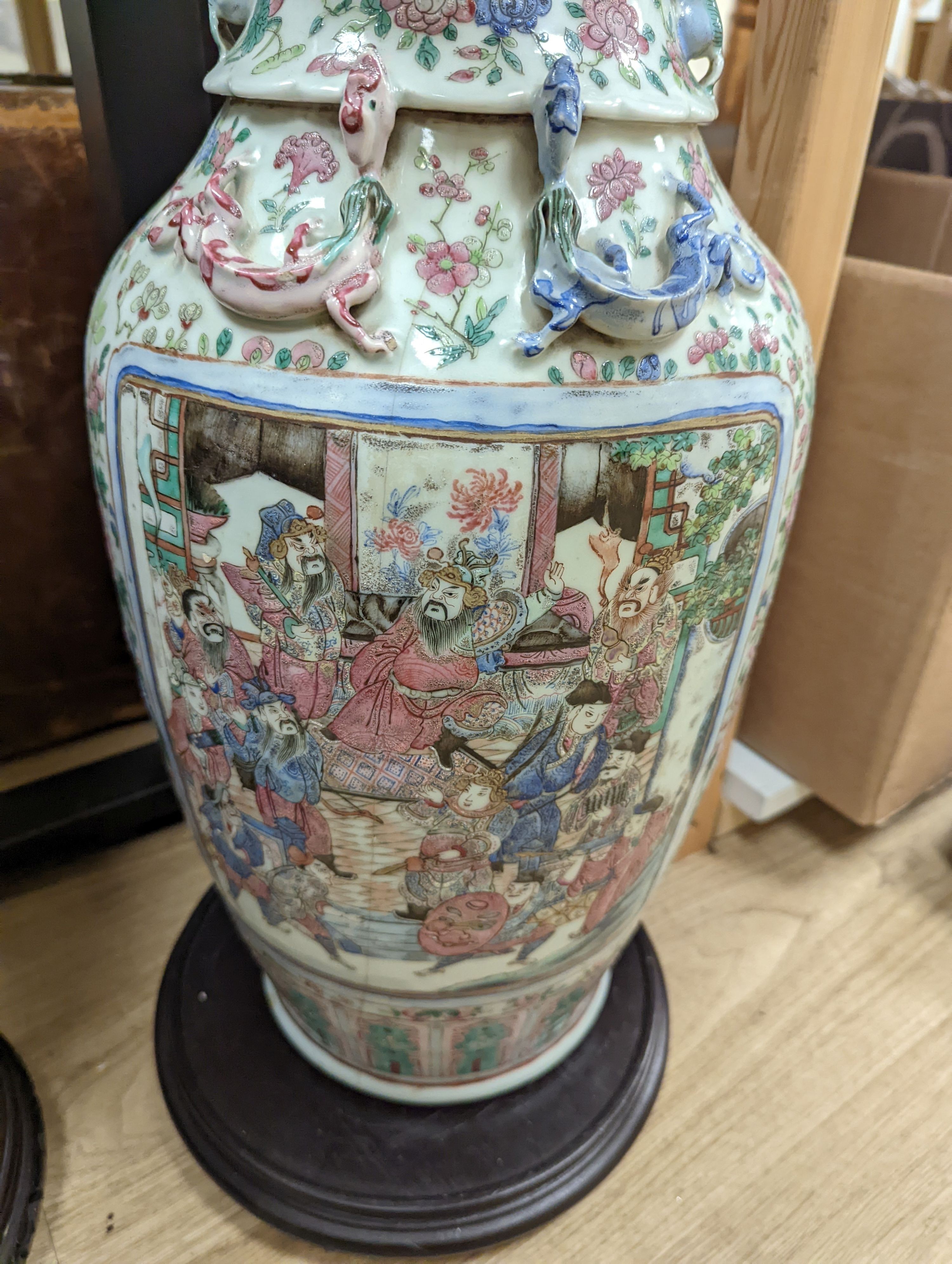 A large Chinese crackle glaze vase, late 19th/early 20th century and a large Chinese famille rose vase, late 19th century, tallest 60 cm.